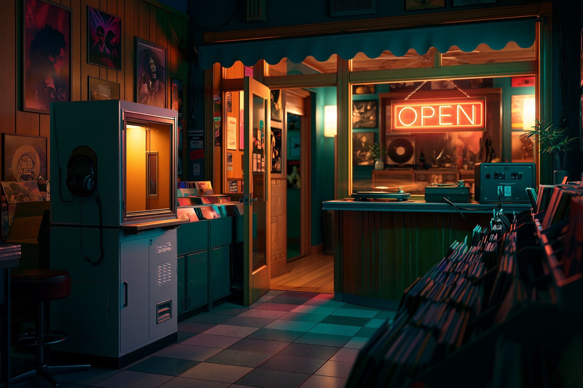 Neon Record Shop Interior Poster. poster — music art