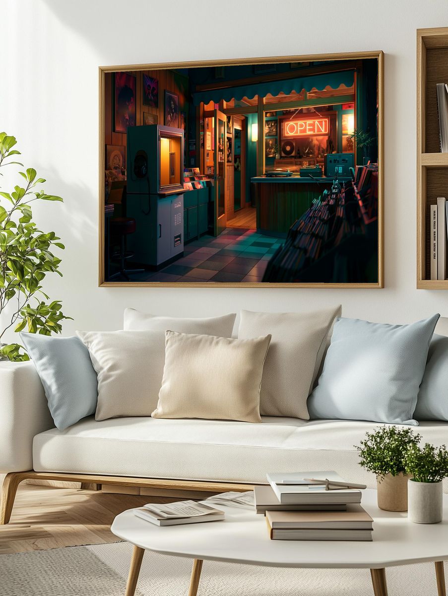 Neon Record Shop Interior Poster. — room view 2
