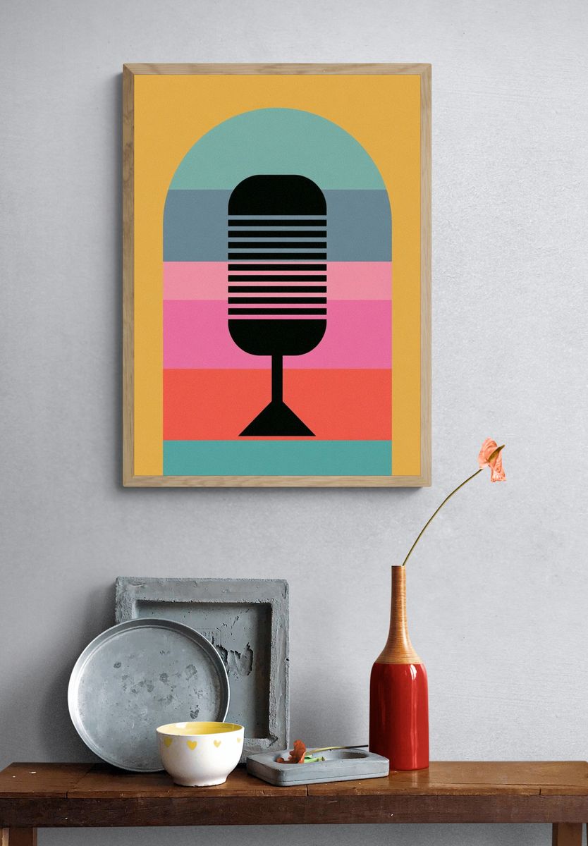 Retro Microphone Mid-Century Poster. — room view 3