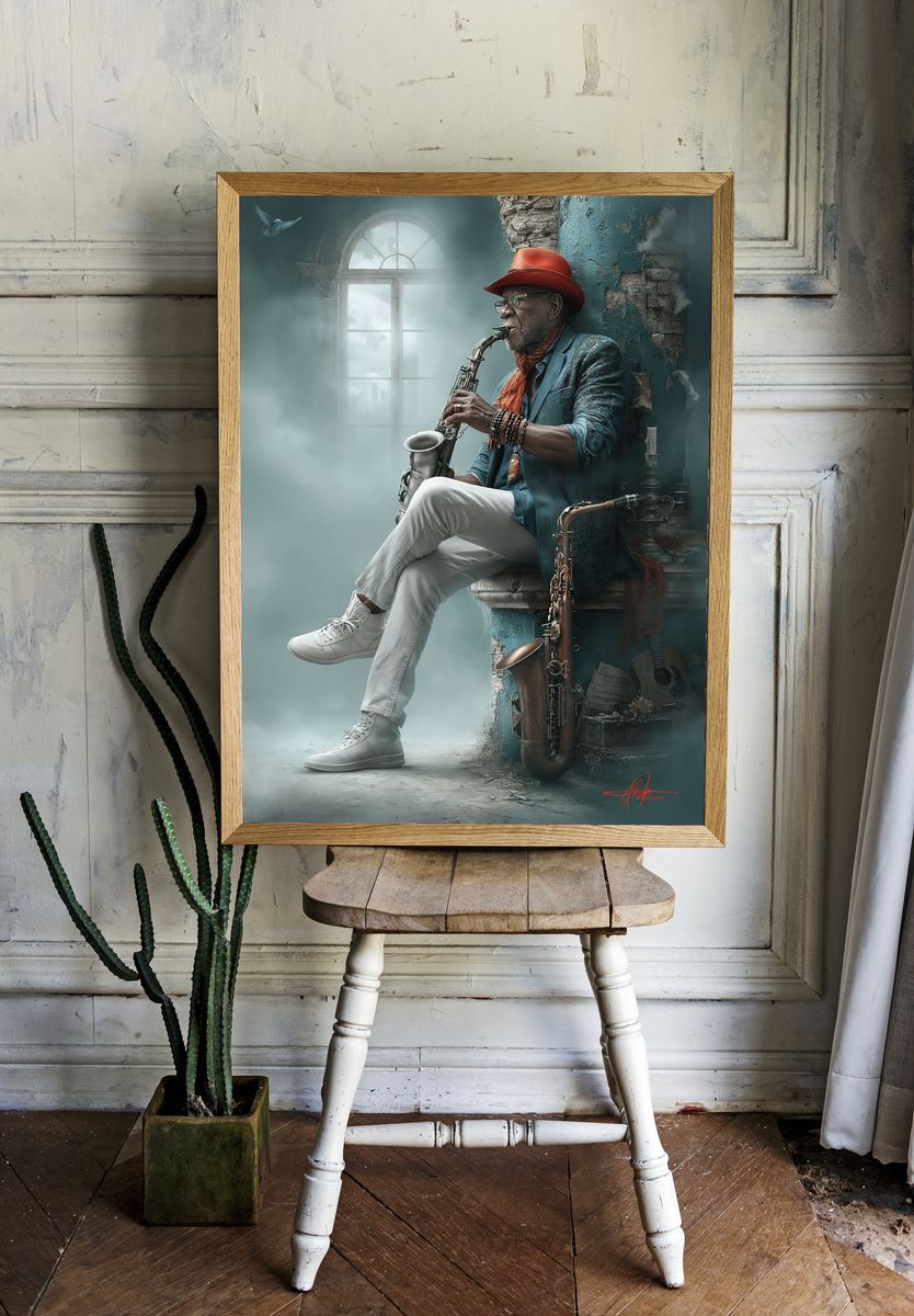 Jazz Saxophonist Portrait Print. room preview