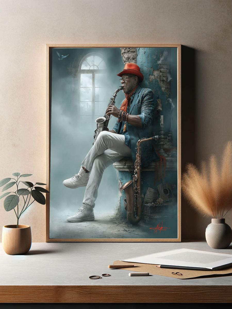 Jazz Saxophonist Portrait Print. — room view 2