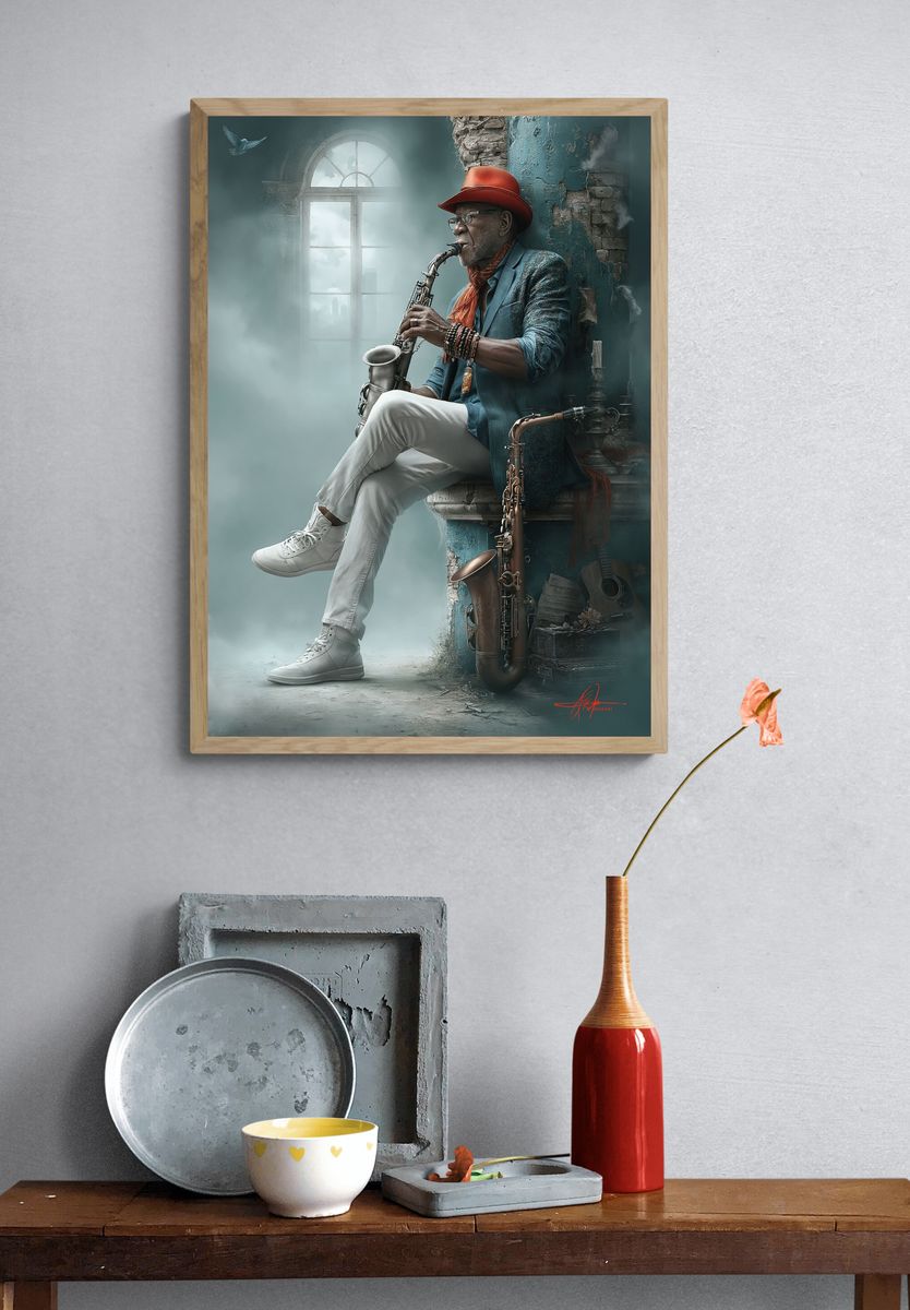 Jazz Saxophonist Portrait Print. — room view 3