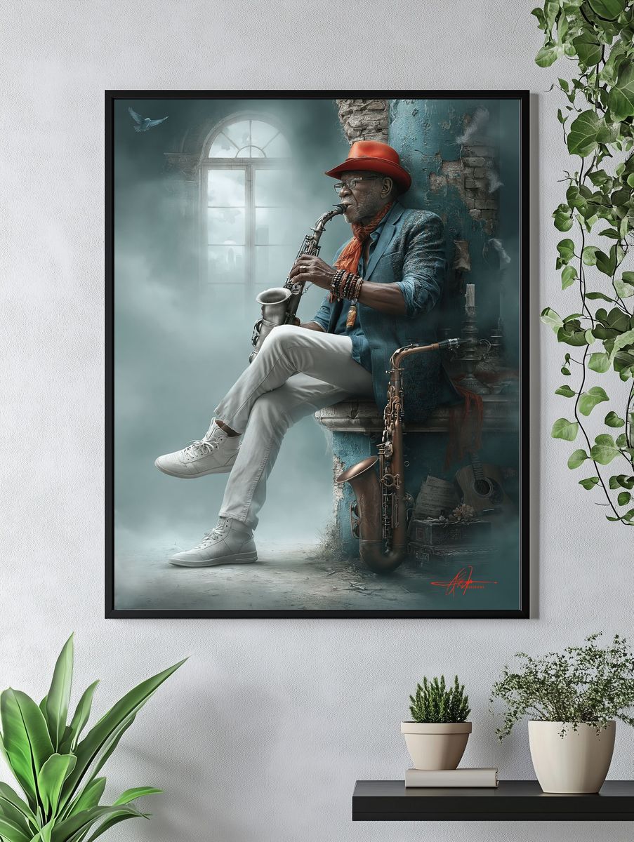 Jazz Saxophonist Portrait Print. — room view 4