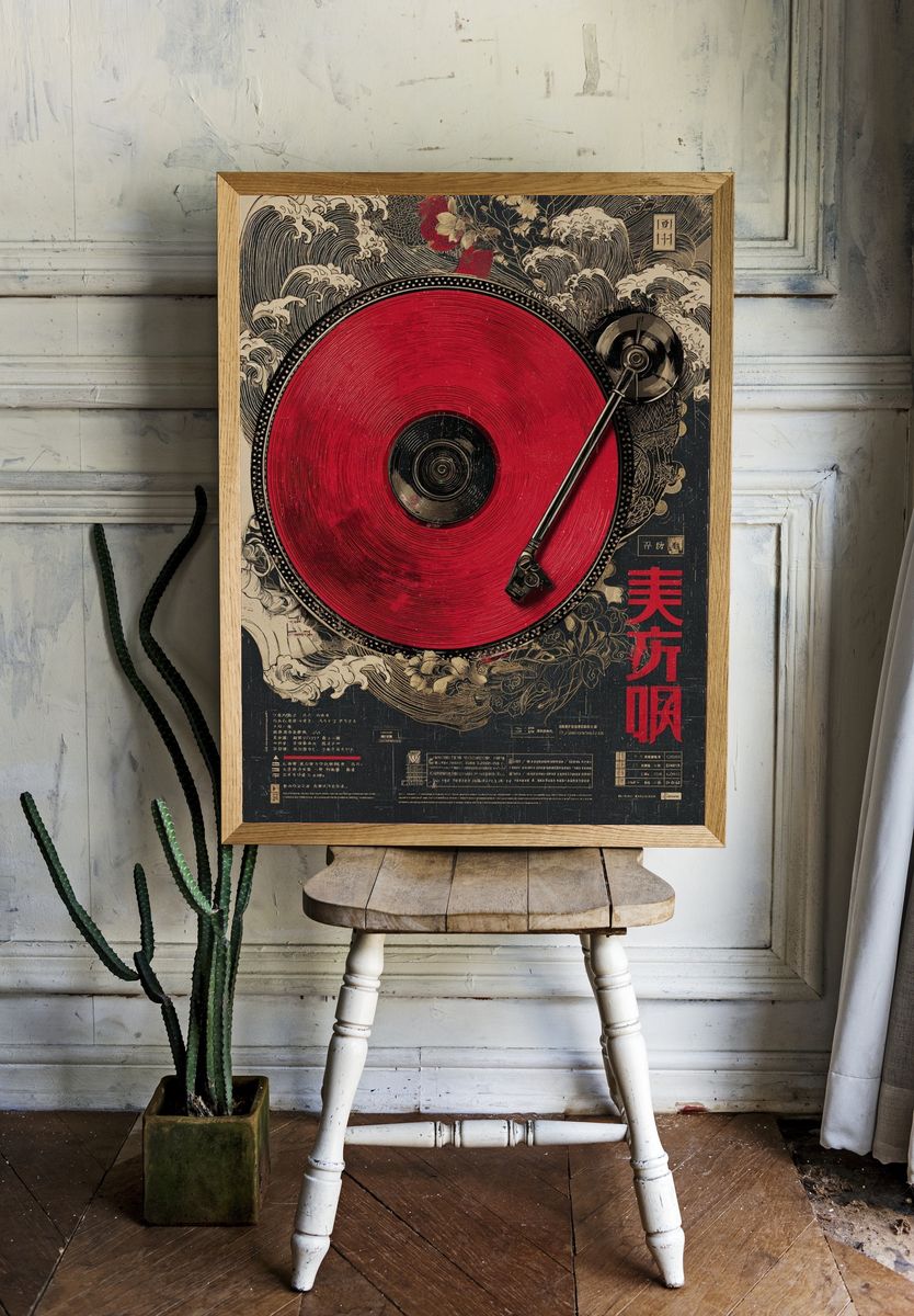 Red Vinyl Turntable Illustration Poster. — room view 1