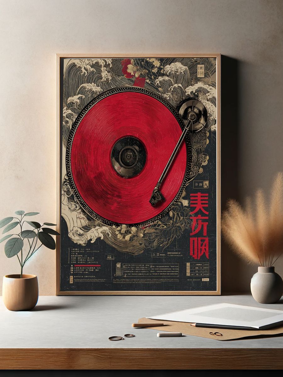 Red Vinyl Turntable Illustration Poster. — room view 2
