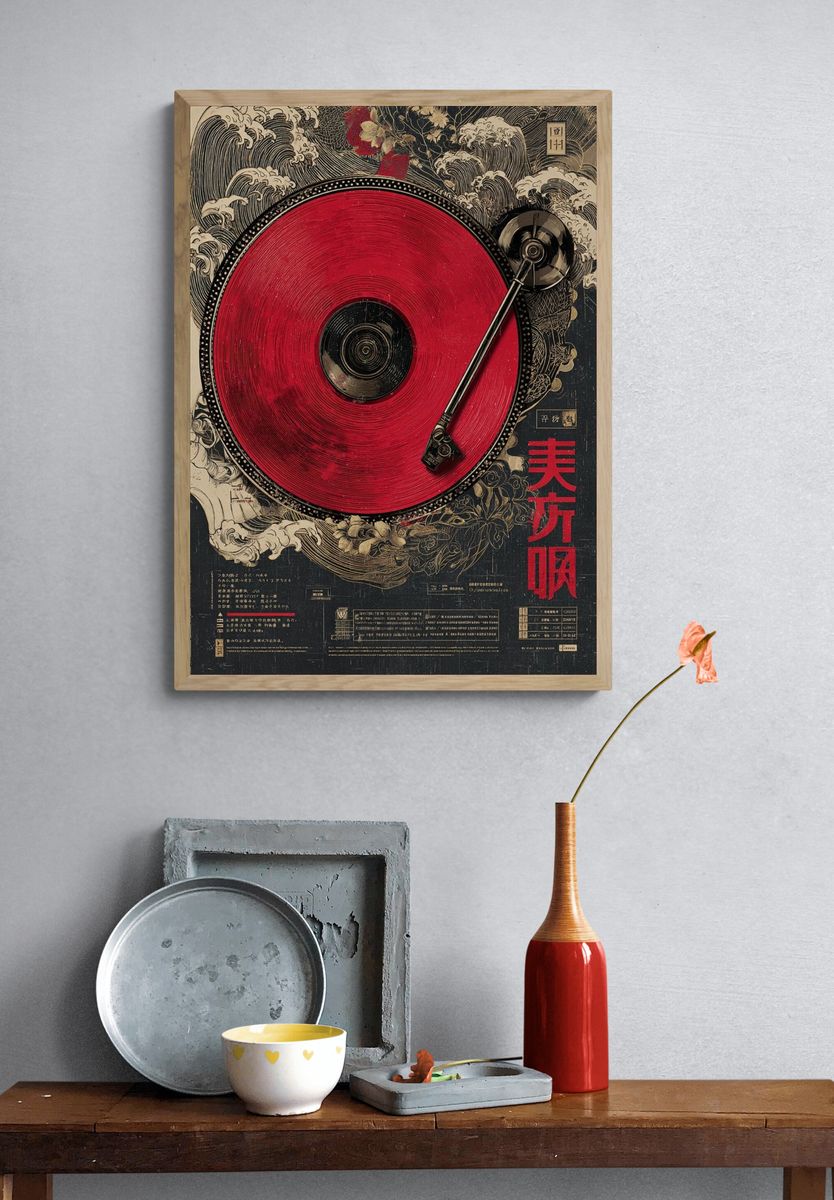 Red Vinyl Turntable Illustration Poster. — room view 3