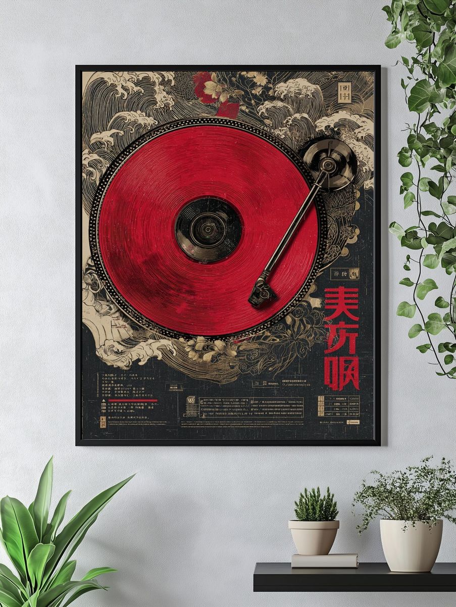 Red Vinyl Turntable Illustration Poster. — room view 4