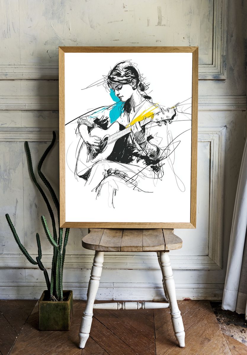 Guitarist Sketch Illustration Poster. — room view 1