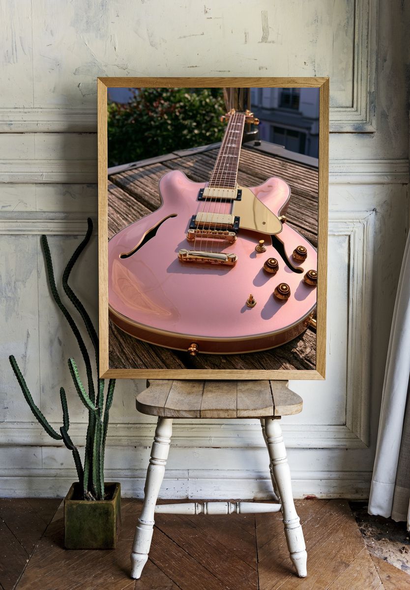 Pink Semi-Hollow Guitar Photography Poster. room preview
