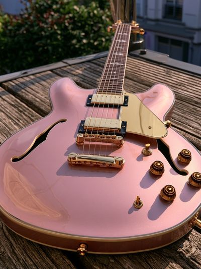 Pink Semi-Hollow Guitar Photography Poster.
