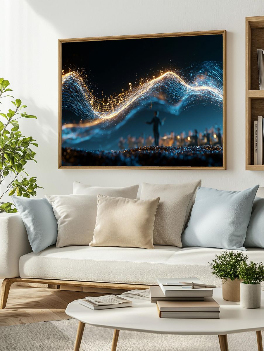 Golden Music Wave Digital Art Poster. — room view 2