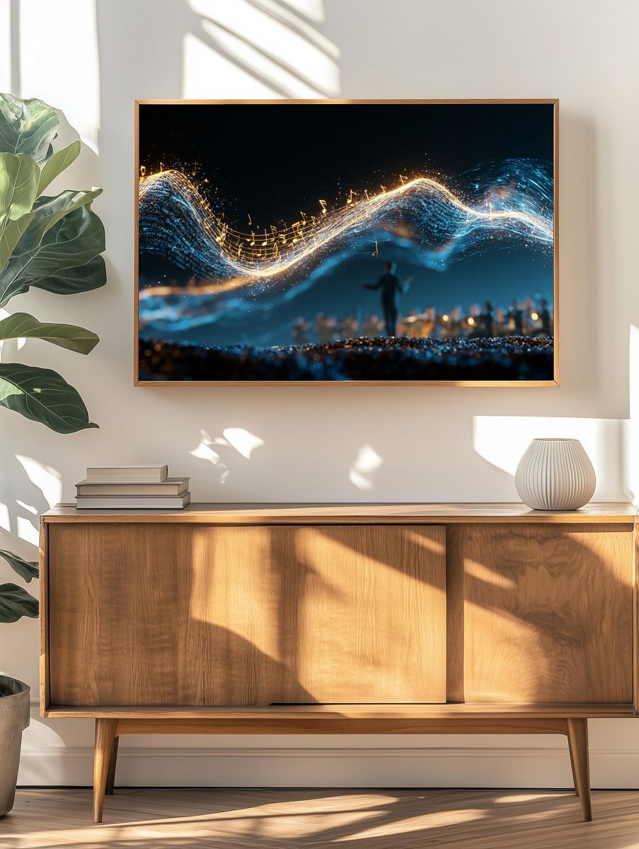 Golden Music Wave Digital Art Poster. — room view 3