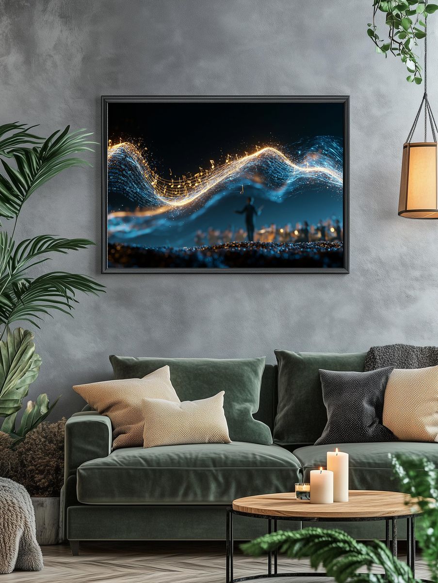 Golden Music Wave Digital Art Poster. — room view 4