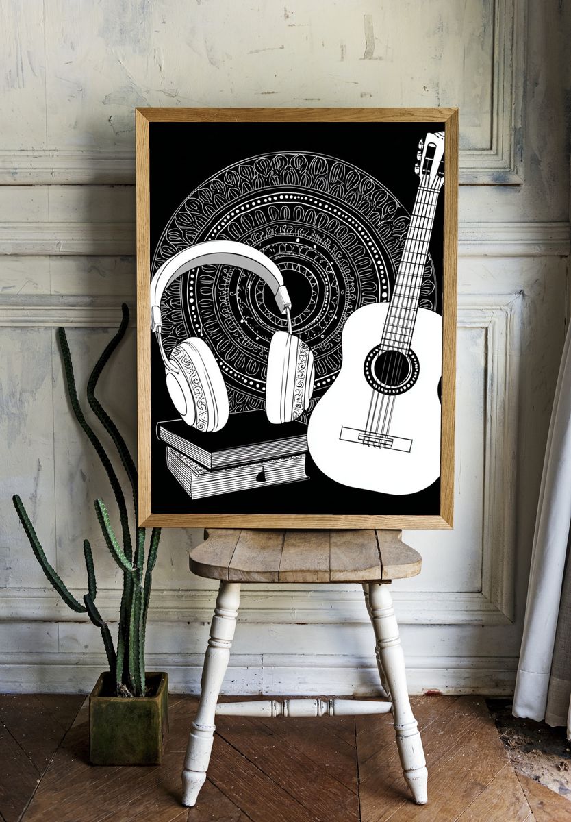 Guitar and Headphones Typography Print. room preview