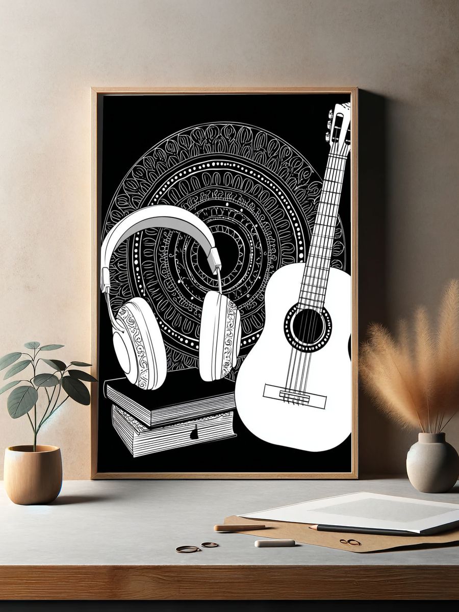 Guitar and Headphones Typography Print. — room view 2