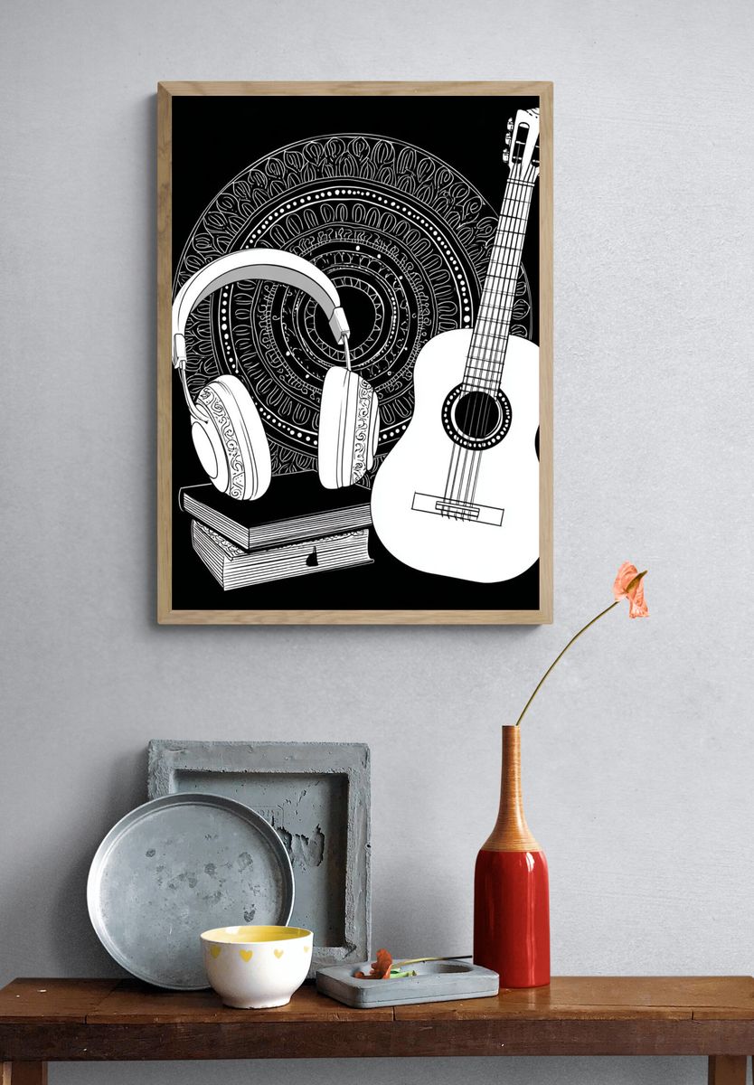 Guitar and Headphones Typography Print. — room view 3