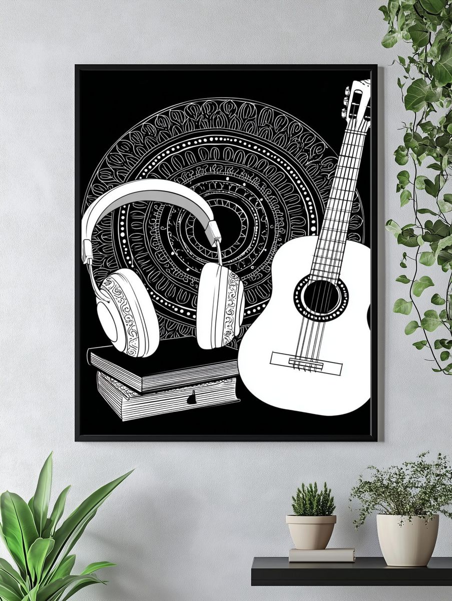 Guitar and Headphones Typography Print. — room view 4