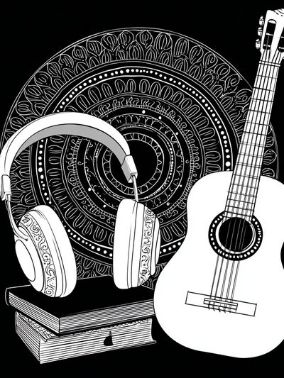 Guitar and Headphones Typography Print.