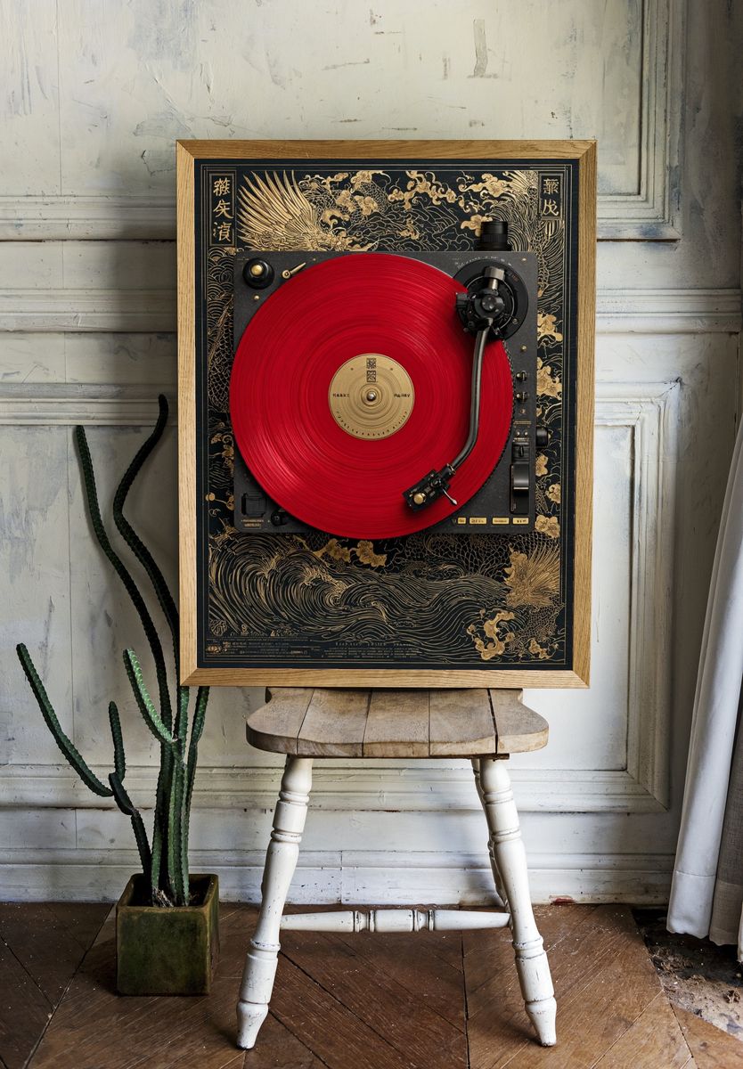 Red Turntable Japanese Art Print. room preview
