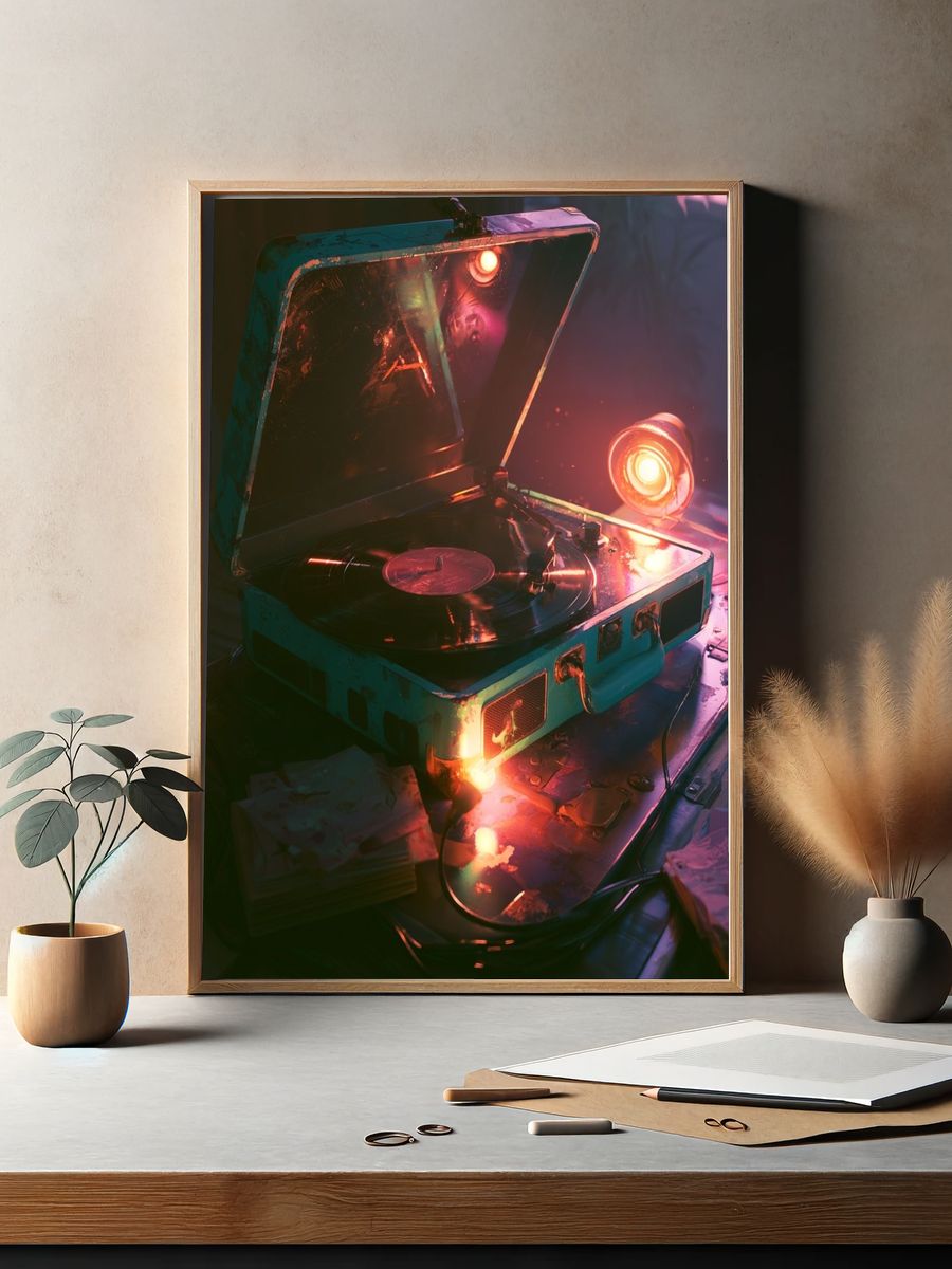Neon Turntable Still Life Poster. — room view 2