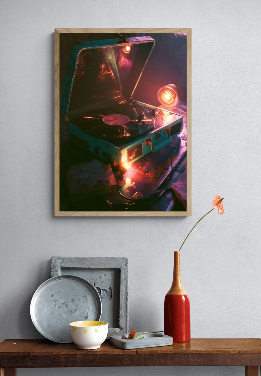 Neon Turntable Still Life Poster. — room view 3