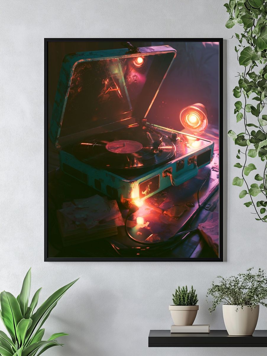 Neon Turntable Still Life Poster. — room view 4