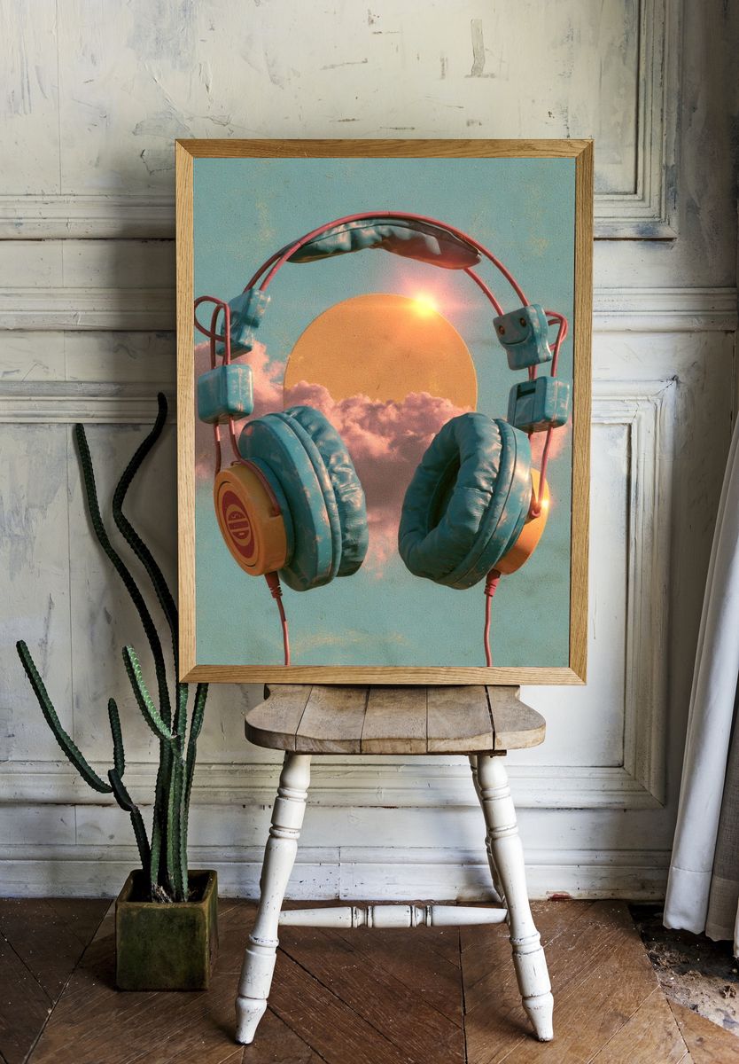 Sunset Headphones Illustration Poster. — room view 1