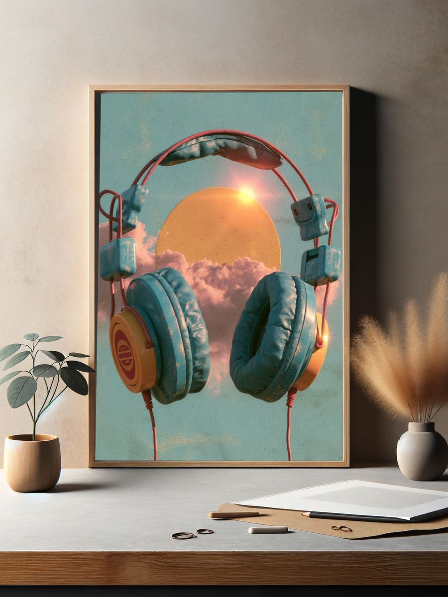 Sunset Headphones Illustration Poster. — room view 2