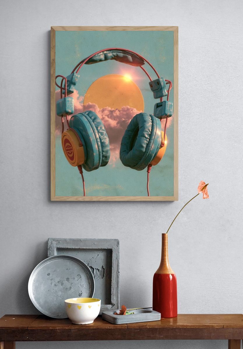 Sunset Headphones Illustration Poster. — room view 3