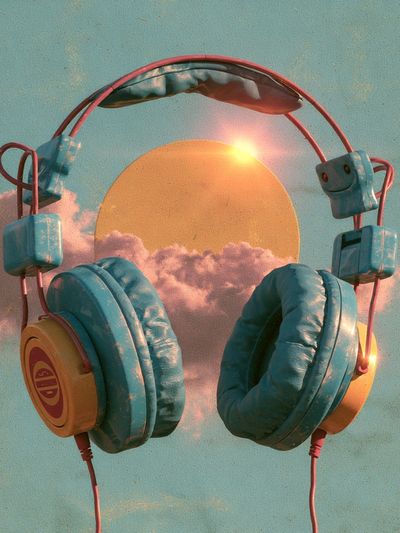 Sunset Headphones Illustration Poster. poster