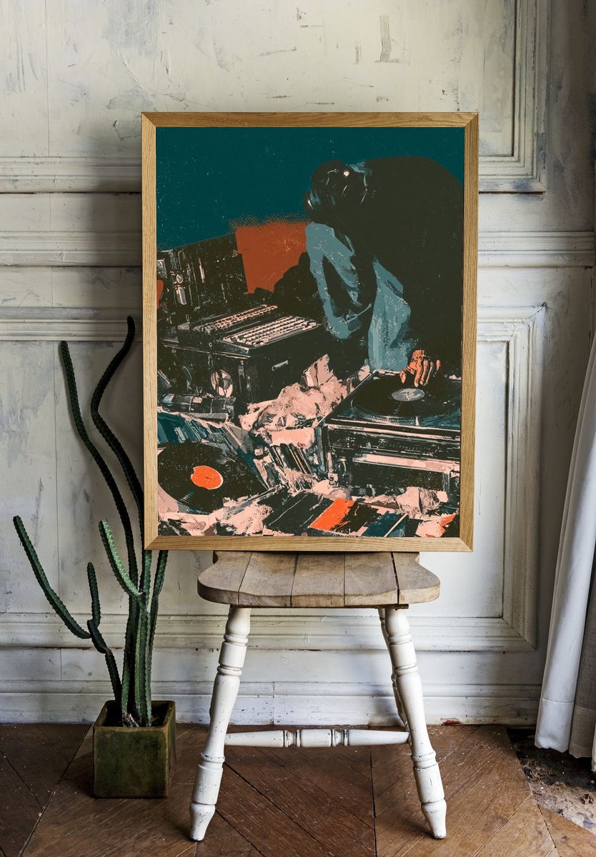 DJ Turntable Collage Poster. room preview
