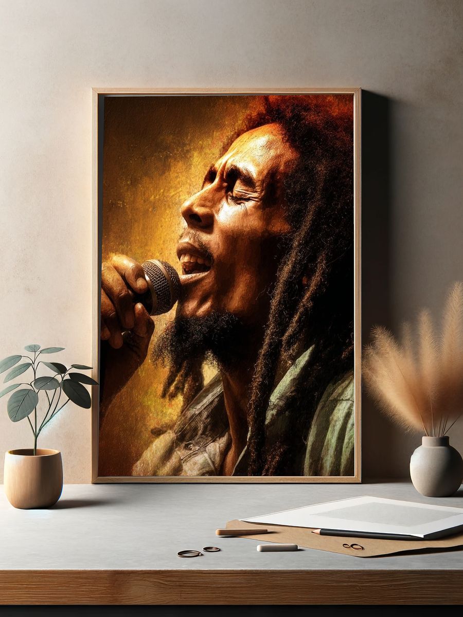 Bob Marley Singing — Music Print. — room view 2