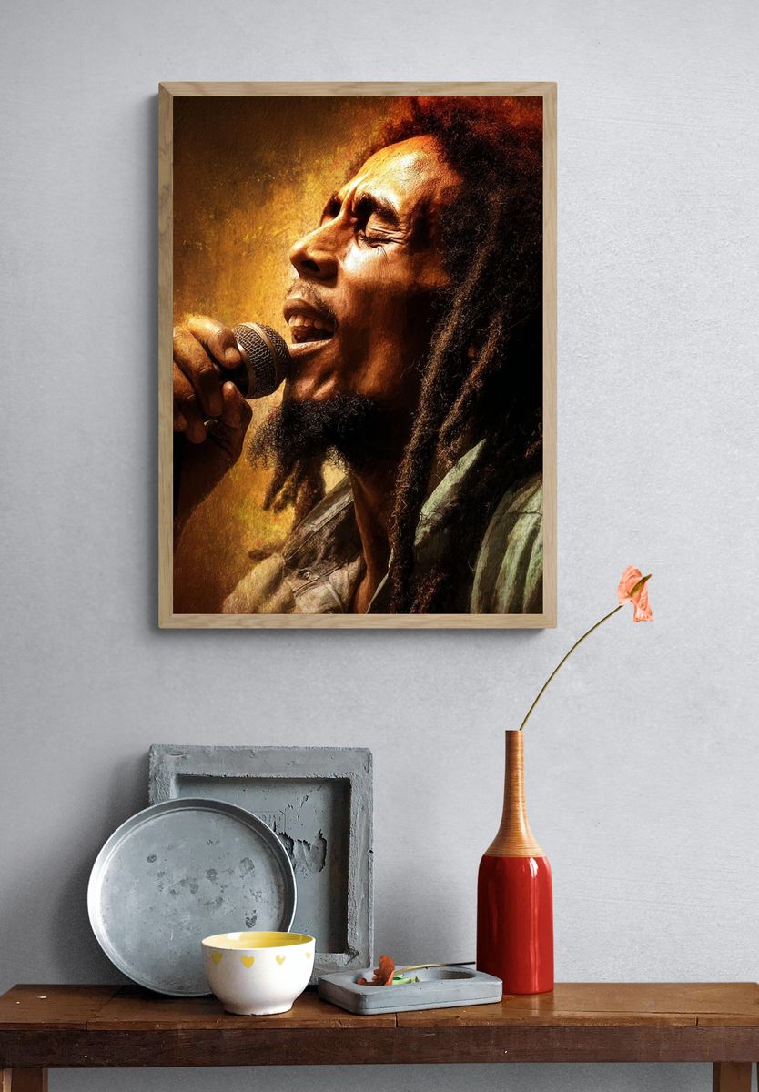 Bob Marley Singing — Music Print. — room view 3