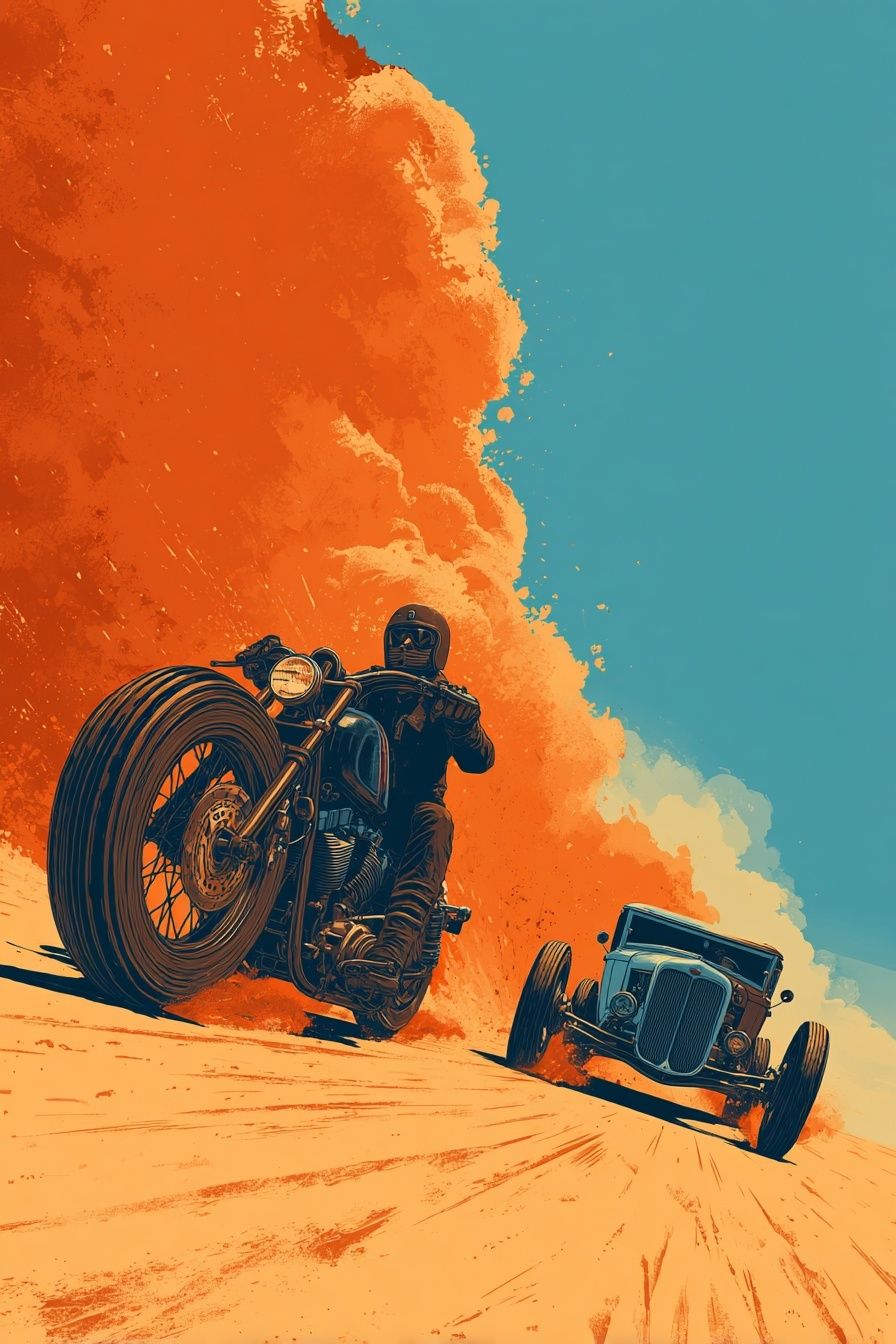 Motorcycle and Vintage Car — Retro Print. poster — vintage art