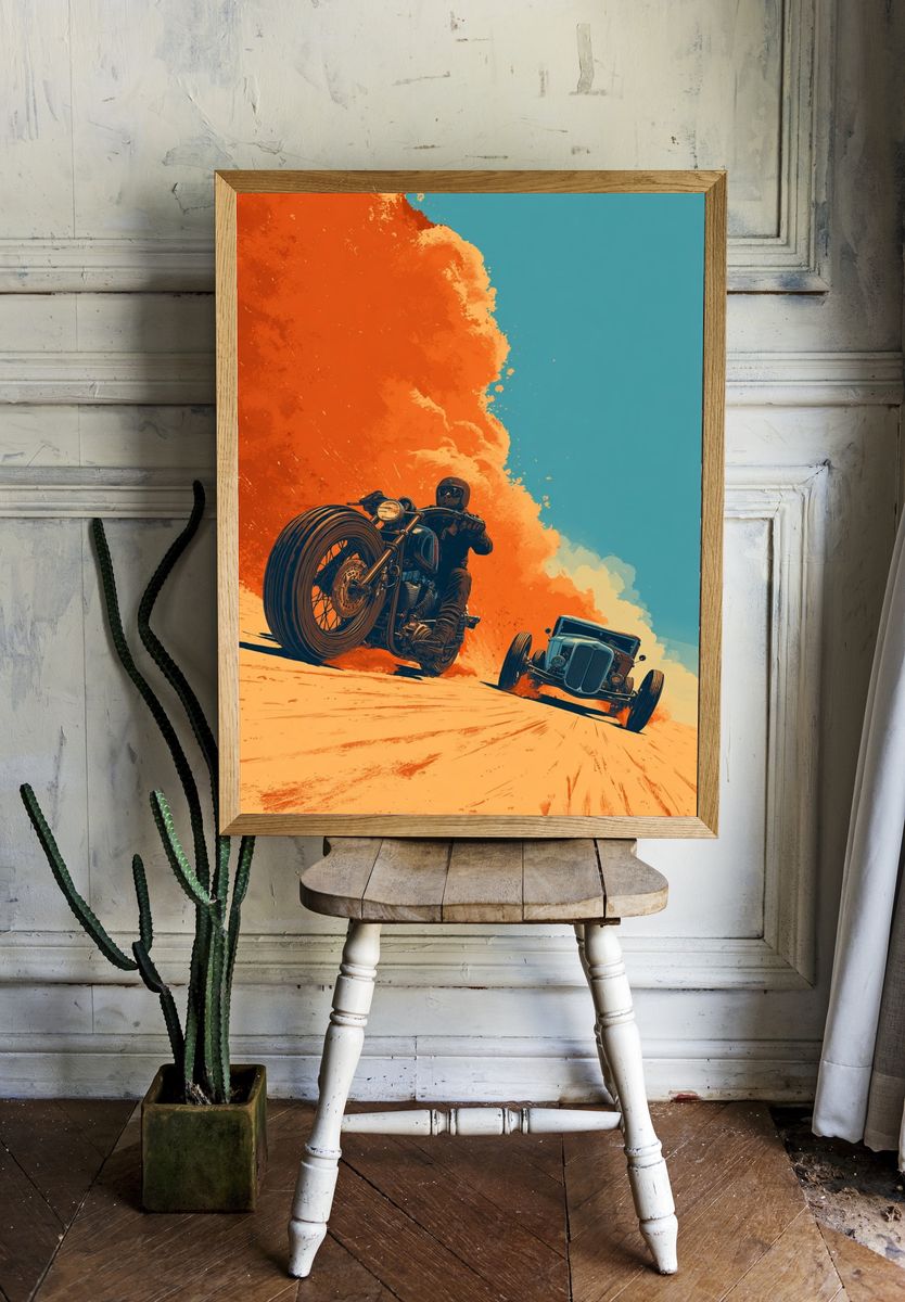 Motorcycle and Vintage Car — Retro Print room preview