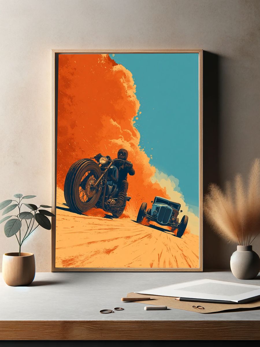 Motorcycle and Vintage Car — Retro Print. — room view 2