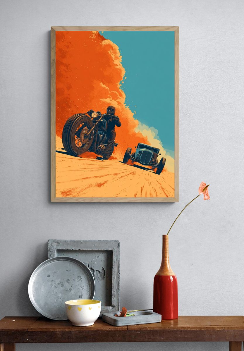 Motorcycle and Vintage Car — Retro Print. — room view 3