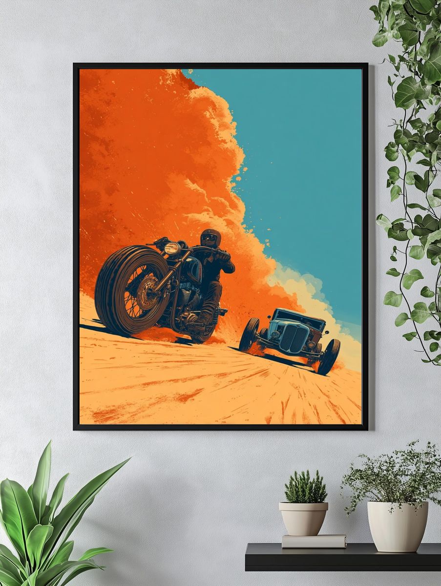 Motorcycle and Vintage Car — Retro Print. — room view 4