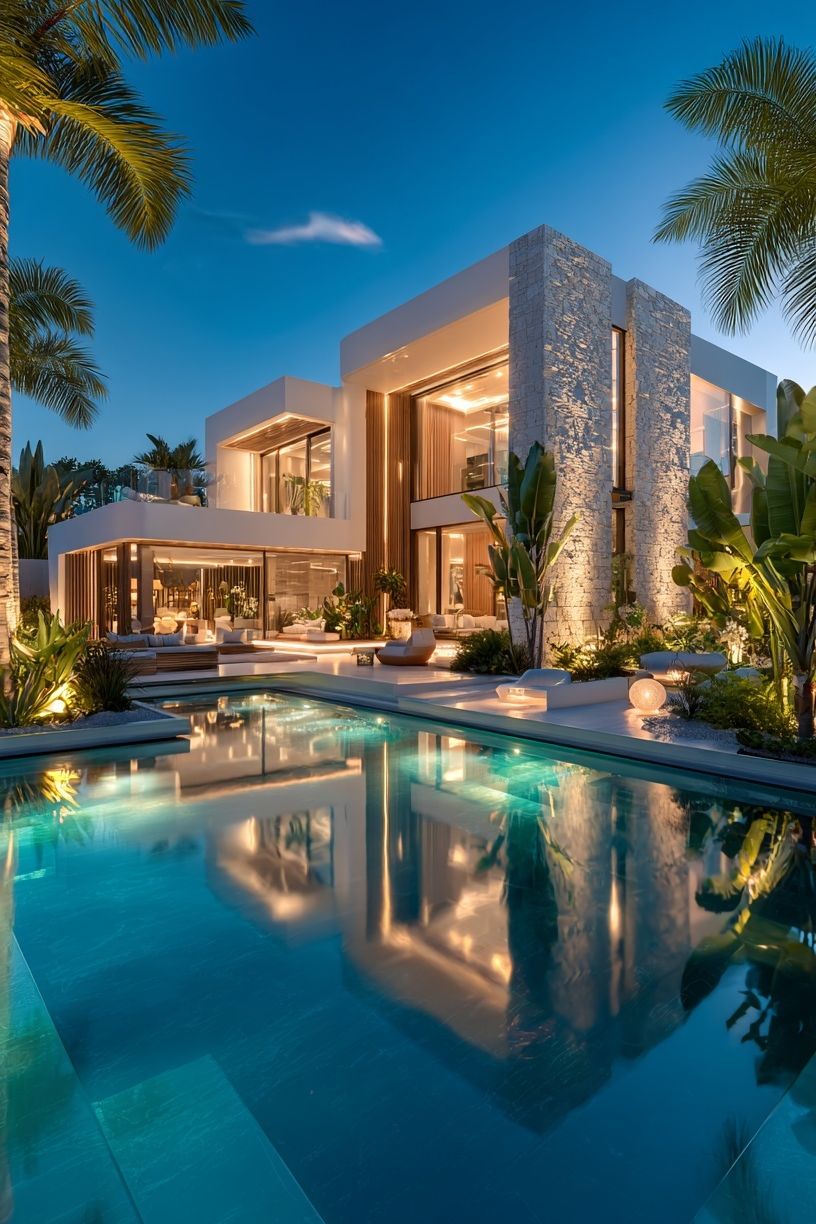 Modern Luxury Villa at Dusk — Photography Print. poster — architecture art