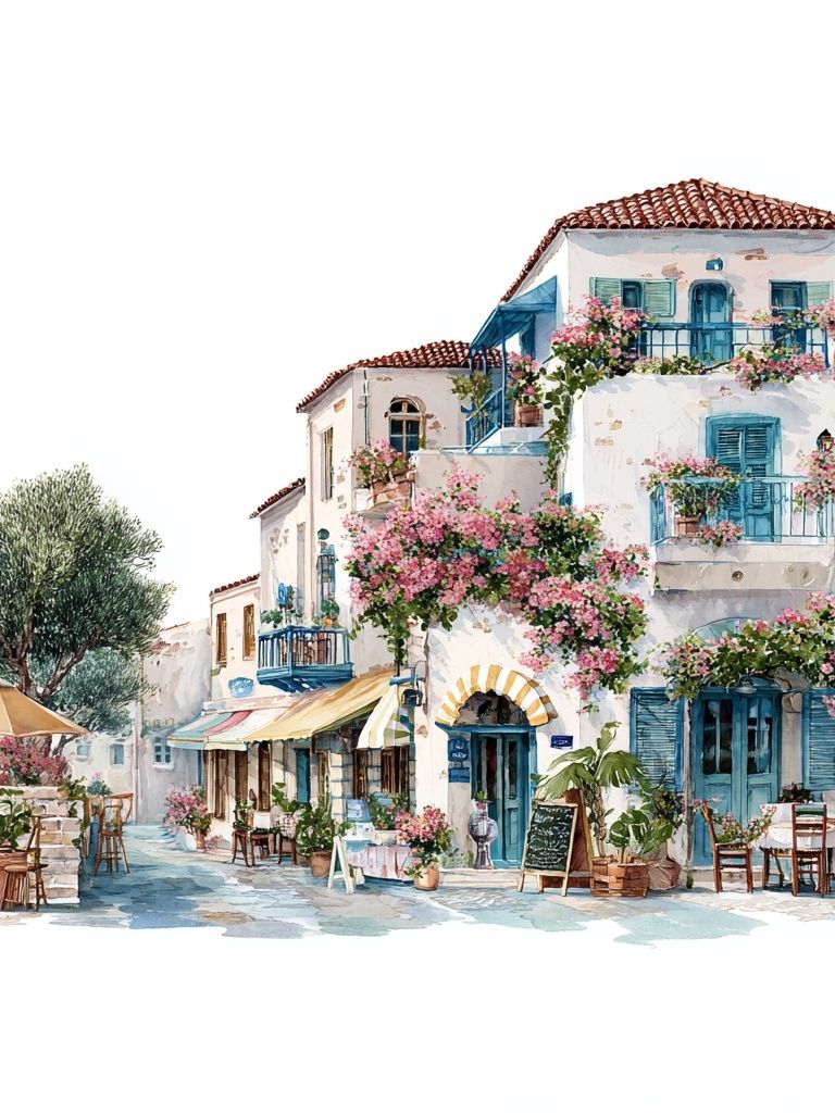 Charming Mediterranean Village — Watercolor Print. poster detail