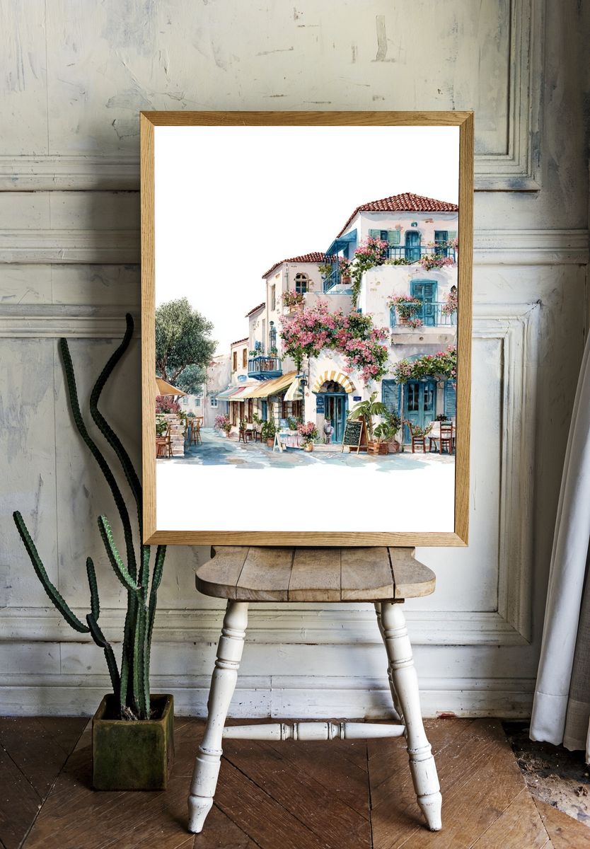 Charming Mediterranean Village — Watercolor Print. — room view 1