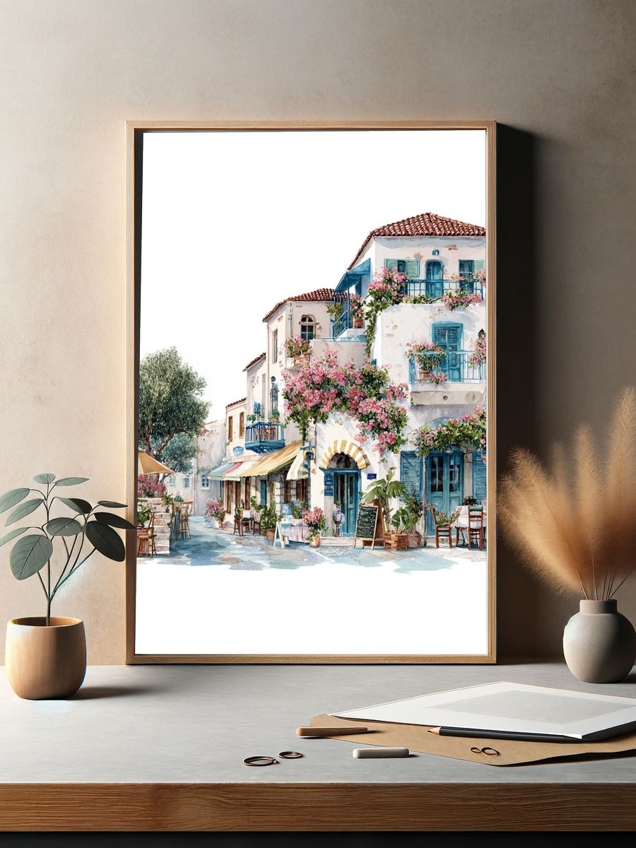 Charming Mediterranean Village — Watercolor Print. — room view 2