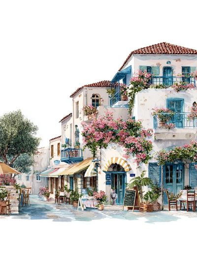 Charming Mediterranean Village — Watercolor Print. poster print