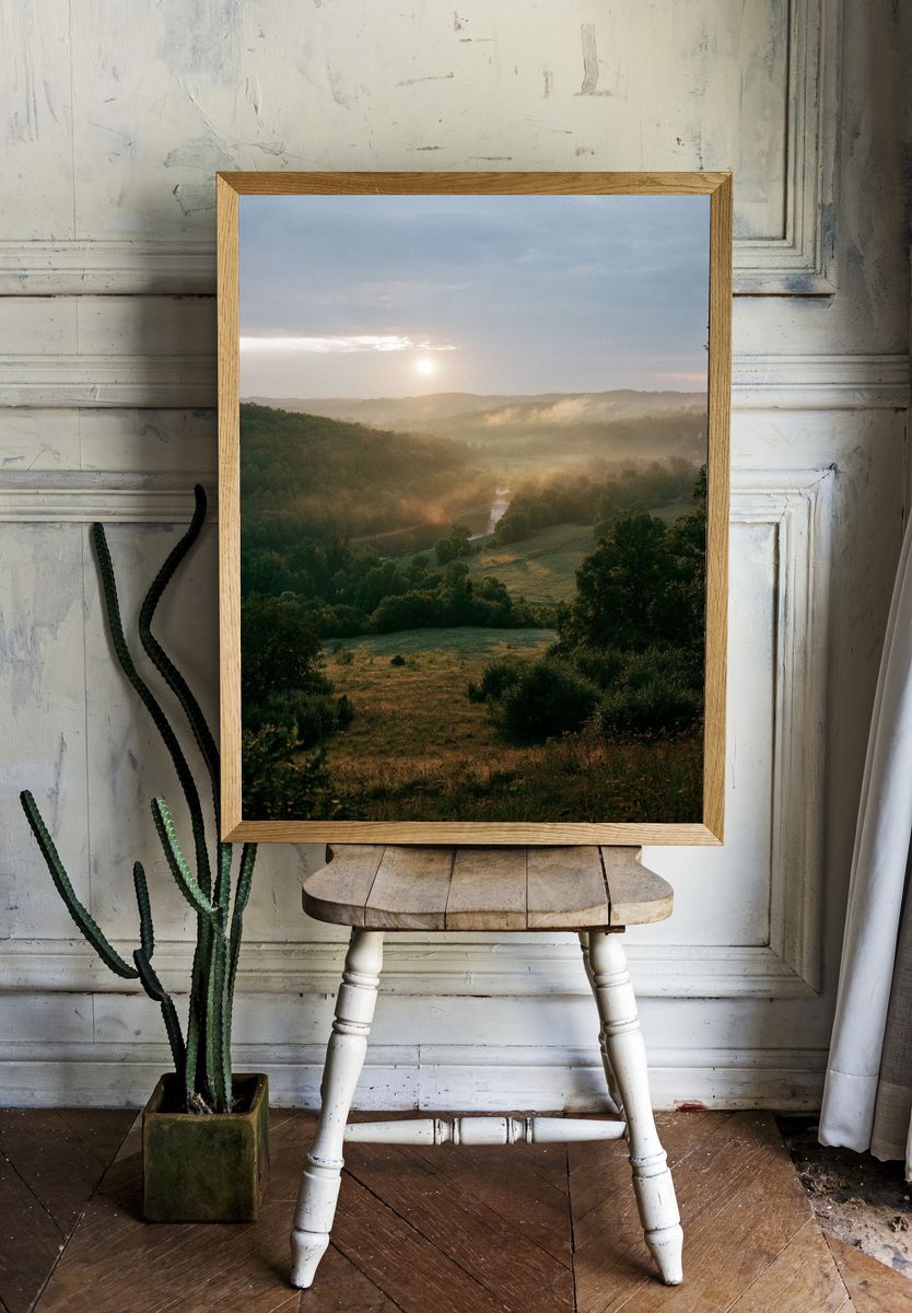 Misty Valley Sunrise Photography Poster. — room view 1