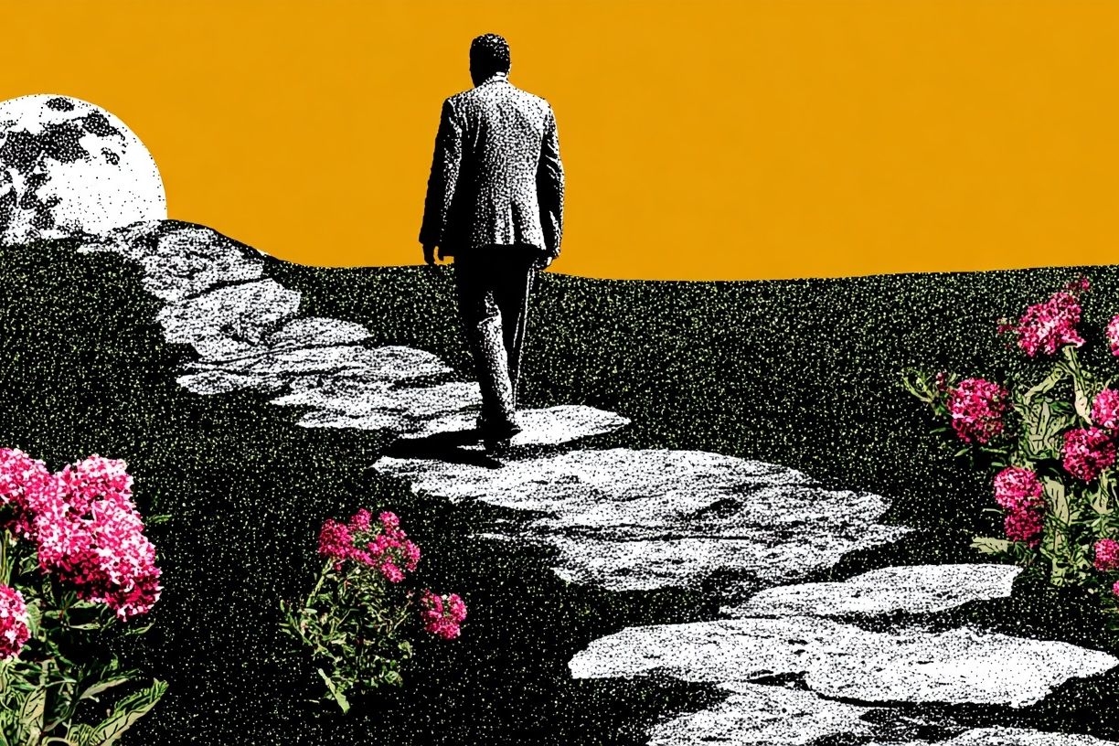 Man Walking Towards Moon — Surreal Art Print. poster detail