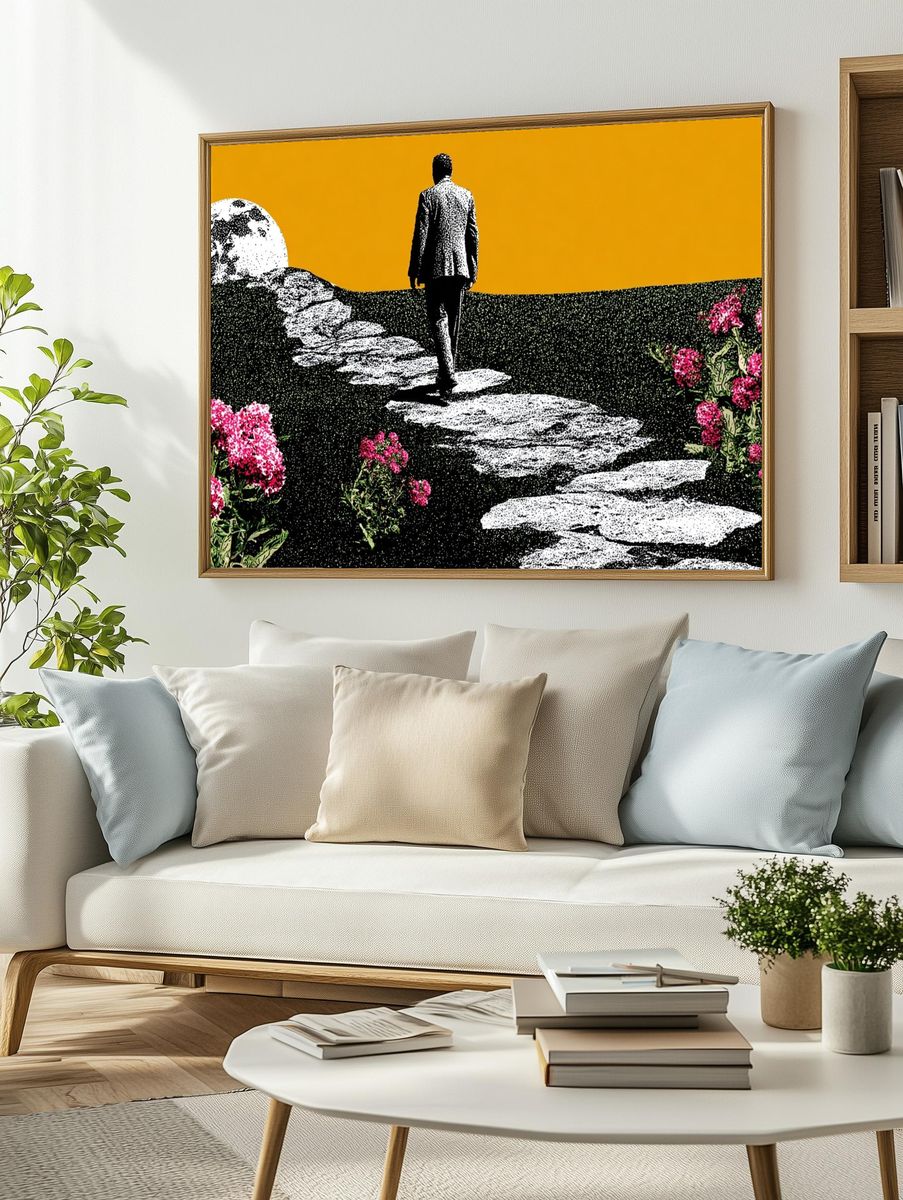 Man Walking Towards Moon — Surreal Art Print. — room view 2