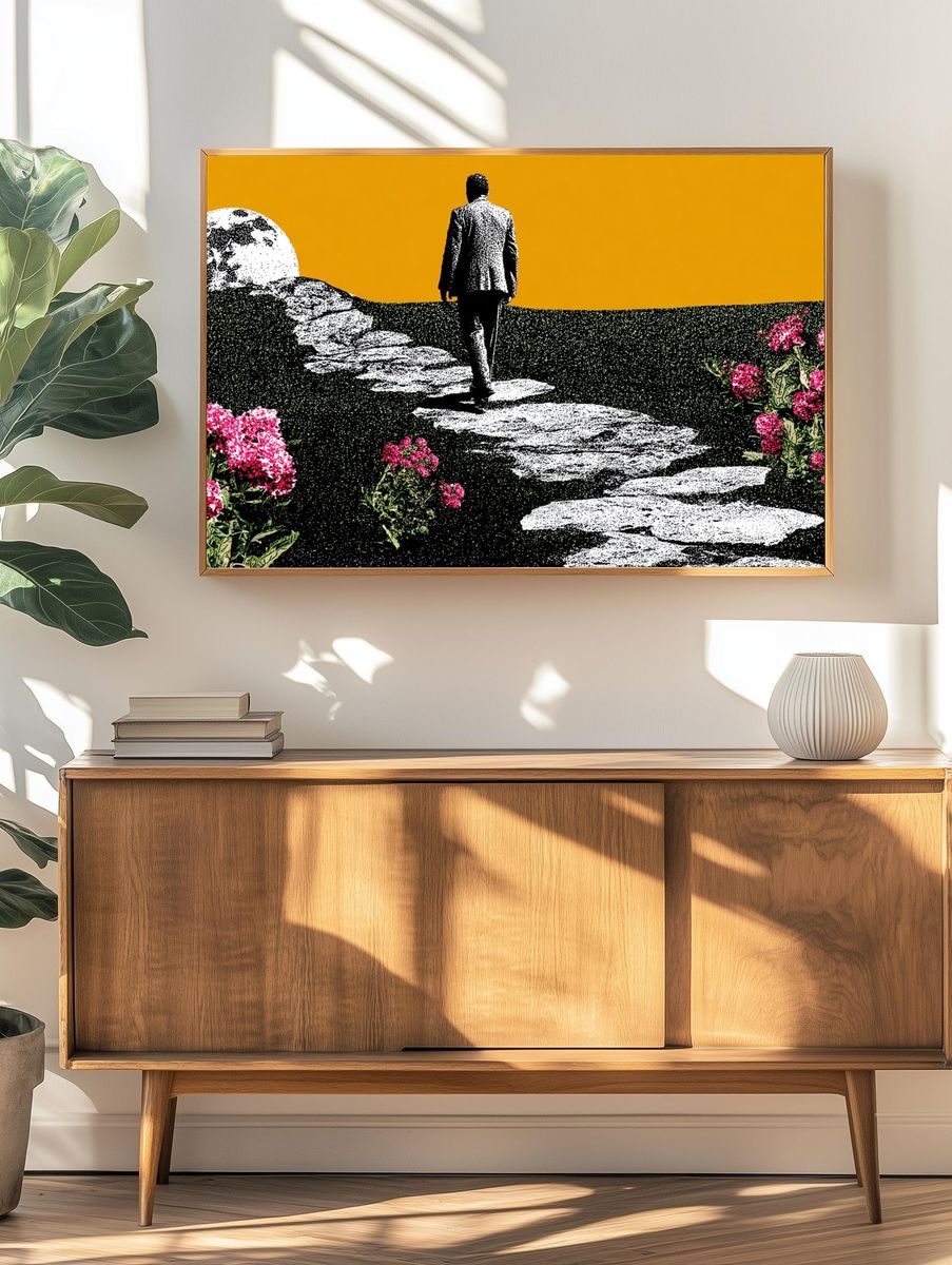 Man Walking Towards Moon — Surreal Art Print. — room view 3