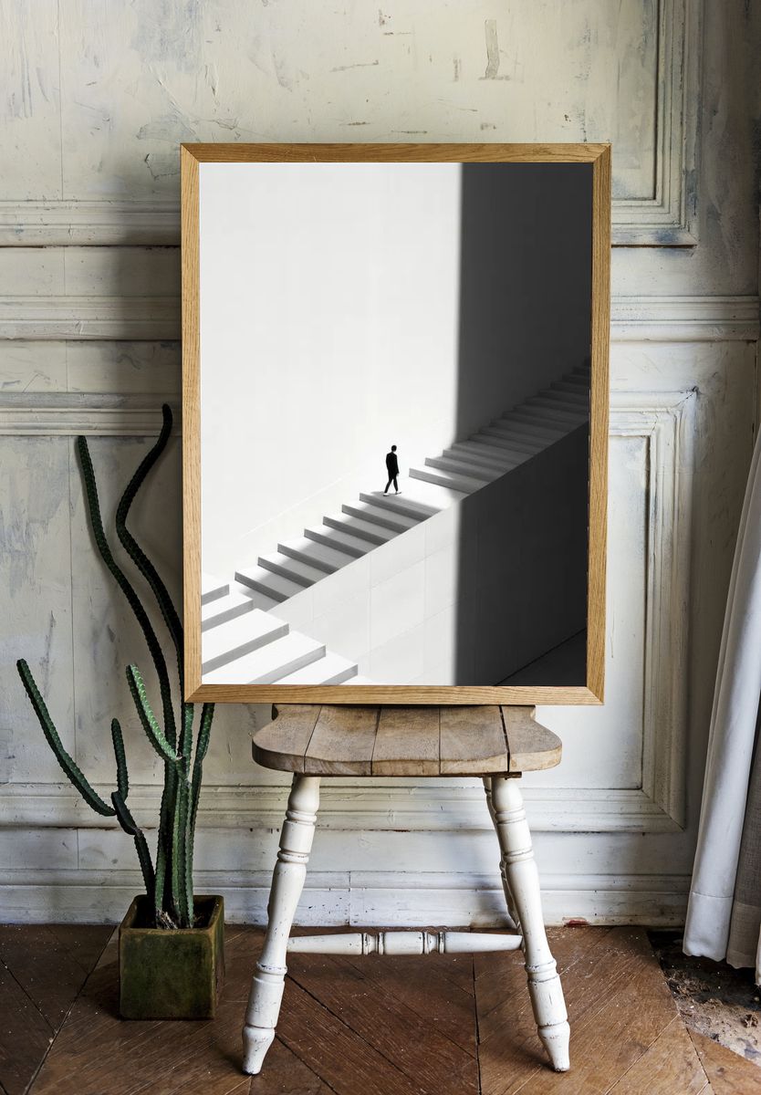 Minimalist Stairs — Black-White Print room preview