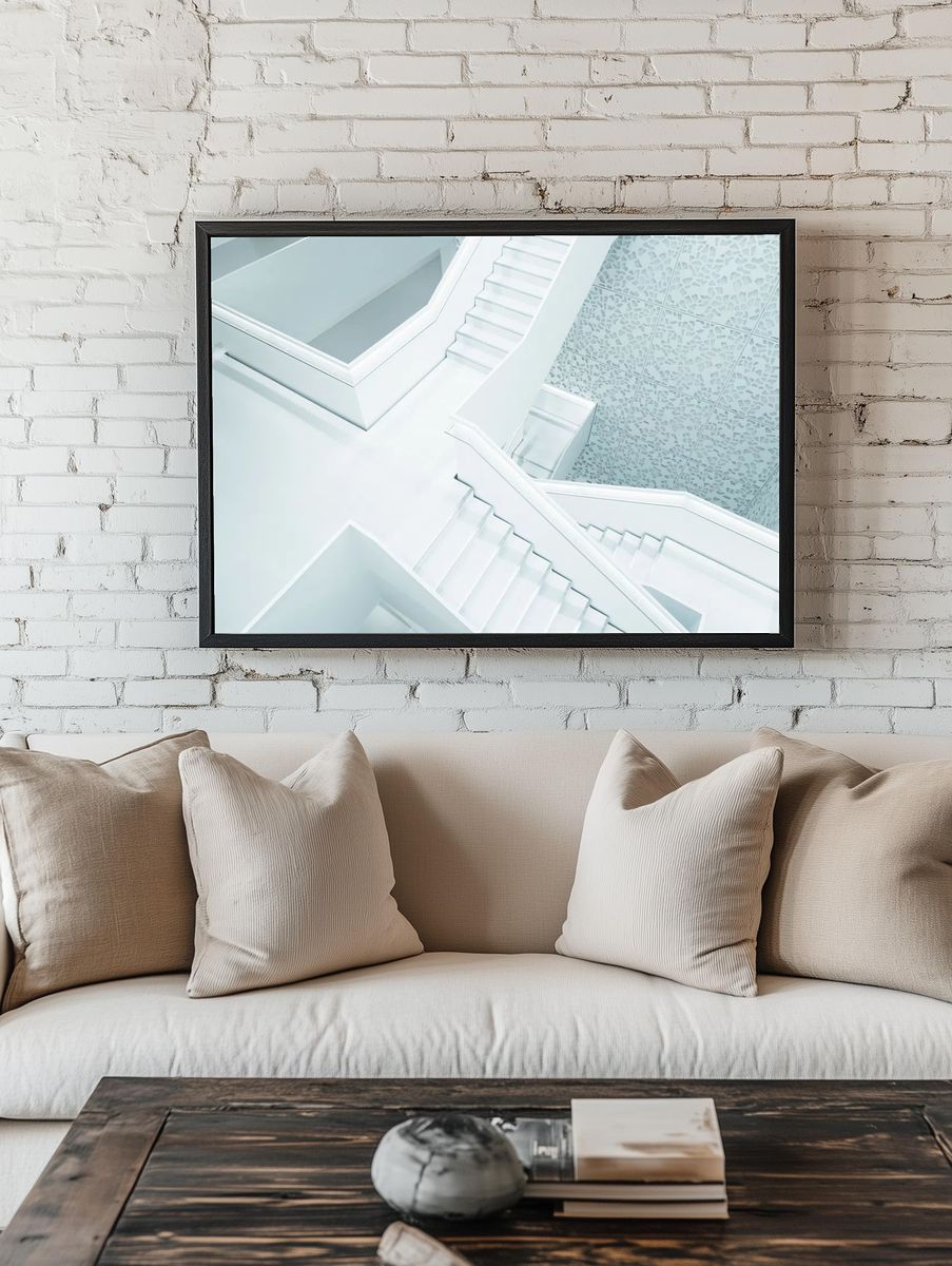 Modern White Staircase — Minimalist Print. — room view 1
