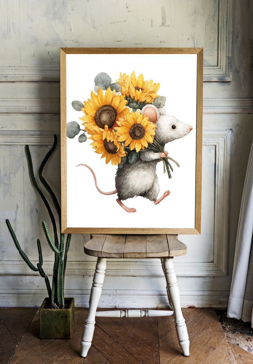 Mouse with Sunflowers — Illustration Print. — room view 1